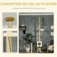 PawHut Arbre à chat sol au plafond hauteur réglable 225-285 cm avec poteau à gratter 4 niveaux niche hamac échelle jeux beige(m-5)