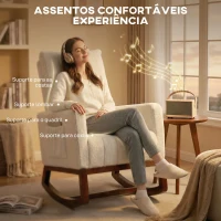 HOMCOM Cadeira de Baloiço com Almofada Lombar Estofada em Franela Neve Encosto Alto Base em Madeira e Bolsos Laterais Creme(m-5)