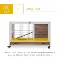 PawHut Clapier à lapin sur roulettes 2 étages porte verrouillable toit ouvrant plateau coulissant rampe marron blanc(m-4)