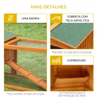 PawHut Coelheira de Madeira Exterior Gaiola para Coelhos de 2 Níveis com Teto Asfáltico 2 Áreas Cercadas Bandeja Removível 2 Portas Janela e Rampa 157,4x53x93,5cm Madeira Natural(m-7)