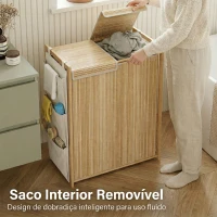 HOMCOM Cesto de Roupa Suja em Bambu com Tampa, 120L, com 2 Sacos com Cordão Removíveis e Laváveis, Bolsos Laterais 63x33x78 cm Madeira(m-5)