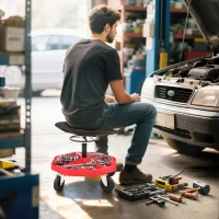 HOMCOM Banco de Oficina Móvel com Bandeja Magnética Altura Ajustável de 52–59,5 cm Carga 135 kg Banco para Mecânico com Rodas para Garagem Reparação de Automóveis Vermelho(m-10)
