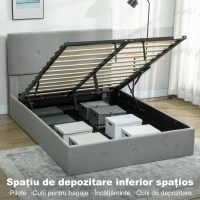 HOMCOM Cadru Pat Dublu 140x190 cm, Pat Dublu cu Spațiu de Depozitare, Tăblie Capitonață în Material Catifelat, Piston pe Gaz, Șipci din Lemn, Silențios, Montaj Ușor, Gri(m-4)