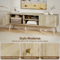 HOMCOM Meuble TV, meuble télé jusqu'à 65 pouces avec 2 portes, 2 compartiments ouverts, étagère réglable, 140x35x49cm, chêne(m-4)