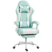 HOMCOM Cadeira Gaming Reclinável 155° com Suporte Lombar com Massagem Apoio de Cabeça e Apoio para os Pés 63x66x126-134 cm Azul Claro(m-1)