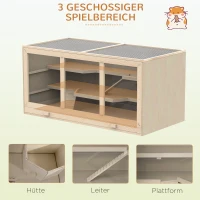 PawHut Hamsterkäfig aus Holz 3 Etagen Nagerkäfig mit reinigbar Ablage Kleintierkäfig mit klappbarem Deckel Treppen Holzkäfig Käfig für Hamster Zwerghamster 115 x 57 x 55 cm Naturholz(m-4)
