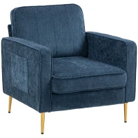 HOMCOM Fauteuil en tissu avec pieds en acier doré, grand confort, pochettes latérales, pour salon, bureau, chambre, bleu(m-12)