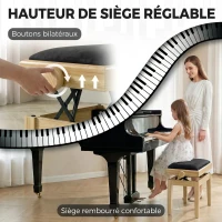 HOMCOM Banc de Piano, Tabouret Piano Réglable en Hauteur 45-56 cm, Banc de Clavier, Siège Rembourré en Velours, Bois Naturel(m-4)