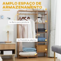 HOMCOM Suporte para Cabides de Bambu com Prateleira de Armazenamento de 6 Níveis e Vara Supensa 90x30x145 cm Madeira(m-4)