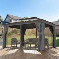 Outsunny Foișor de Grădină cu Acoperiș pe 2 Nivele, Plase de Țânțari și Perdele, din Metal și Poliester, 380x300x270 cm, Gri Închis(m-10)
