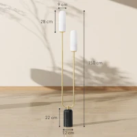 HOMCOM Lampadar în formă de U cu 2 Lumini și Întrerupător de Picior, Lampă de Podea din Sticlă și Oțel cu Bază de Marmură, 26x12x150 cm, Alb Negru și Auriu(m-3)