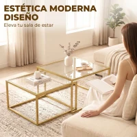 HOMCOM 2 Mesas de Centro Ninho Modernas com Vidro Temperado e Estrutura Metálica, 75x75x42 cm, Dourado(m-5)