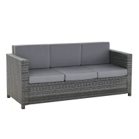 Outsunny Poly-Rattan Sofa mit Kissen 3-Sitzer Garten Loungesofa Metall Polyester Grau 185 x 70 x 80 cm(m-12)