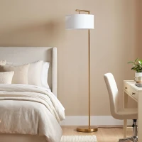 HOMCOM Stehleuchte, Stehlampe, E27 Sockel, Goldoptik, weißer Stoffschirm, Fußschalter, Stahl, 47 x 37 x 153 cm(m-8)