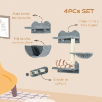 PawHut Arbre à chat parcours mural complet 4 pièces griffoir hamac plateforme sisal peluche gris(m-5)