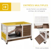 PawHut Clapier à lapin sur roulettes 2 étages porte verrouillable toit ouvrant plateau coulissant rampe marron blanc(m-5)