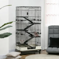 PawHut Cage pour lapin enclos à 5 niveaux avec 3 portes 5 rampes plateau amovible roulettes 81 x 52,5 x 159 cm noir et gris(m-10)