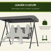 Outsunny Leagăn de Grădină pentru 3 Persoane, cu Acoperiș Reglabil, 200x133x176 cm, Gri Închis(m-4)