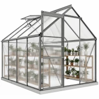Outsunny Serre de jardin en polycarbonate 4,8 m²avec fondation, lucarne réglable, porte coulissante 1,9x2,53x1,99m transparent(m-11)