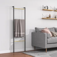 HOMCOM Toalheiro de 4 Níveis Toalheiro Casa de Banho com 4 Barras de Bambu e Estrutura de Aço 49x5,5x167,5 cm Preto e Madeira(m-6)