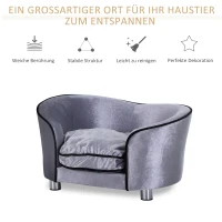 PawHut Hundesofa, Hundebett, waschbares Sitzkissen, Plüschbezug, Naturholzrahmen, hellgrau, 69 x 49 x 38cm(m-7)