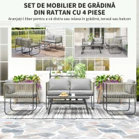 Outsunny Set de Grădină din Ratan cu Canapea de 2 Locuri, 2 Fotolii și Măsuță cu Sticlă, Perne Detasabile, Gri(m-4)