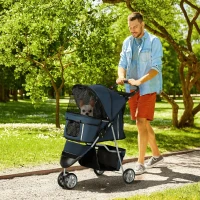 PawHut Carrito para Perros Pequeños con Cesta de Almacenaje Ventanas de Malla y 2 Ruedas Universales 75x45x97 cm Azul Oscuro(m-10)
