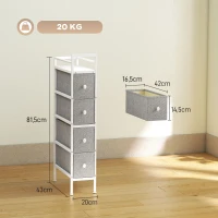 HOMCOM Móvel de Arrumação Estreito com 4 Gavetas de Tecido para Espaços Pequenos 20x43x81,5 cm Cinzento Claro(m-3)