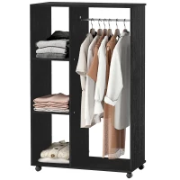 HOMCOM Roupeiro de Madeira Móvel Armário Roupeiro Aberto com Barra para Pendurar e 3 Prateleiras Organizadoras 80x40x128 cm Preto(m-11)