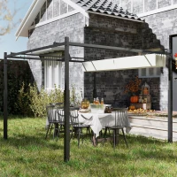 Outsunny Gazebo Pergola 3x3 m cu Acoperiș Retractabil, 8 Șuruburi și 8 Țăruși, din Poliester 180g și Metal, Alb Crem(m-10)