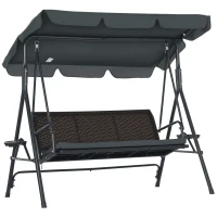 Outsunny Baloiço de Jardim de 3 Lugares com Toldo Ajustável Assento de Vime 2 Suporte para Capos 2 Bandejas 204x112x150 cm Cinza(m-1)