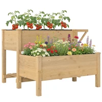 Outsunny Hochbeet 2-stufig erhöhter Pflanzkasten mit Vliesstoff Abflussloch, Holz 119,5 x 102 x 76,5 cm Hellbraun(m-12)