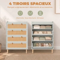 HOMCOM Commode 4 Tiroirs en Bois et Rotin PVC, Style Bohème, pour Chambre à Coucher, Entrée, Couloir, 80x40x109,2cm, Vert Sauge(m-5)