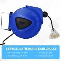 DURHAND Kabeltrommel 20 m+1.3 m Leitung Automatik Kabelaufroller Outdoor Aufroll stromkabel drehbar Wandhalterung, PP, Gummi, Metall, Schwarz + Blau, 28L x 16B x 27H cm(m-6)