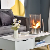 HOMCOM Biokamin Ethanol Kamin Bio Ethanol Brenner 0,4L Brenndauer kein Rauch mit Feuerlöschhaken Edelstahl gehärtetes Glas Silber 23 x 23 x 39 cm(m-10)