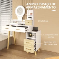 HOMCOM Toucador com Espelho e Luzes LED Ajustáveis 5 Gavetas 4 Compartimentos e 1 Prateleira 100x44x137 cm Branco e Madeira(m-5)