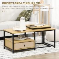 HOMCOM Set de 2 piese cu măsuță de cafea și măsuță laterală în formă de C din oțel și PAL, culoare lemn(m-5)