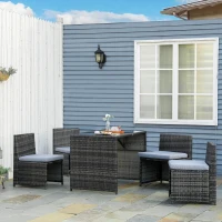 Outsunny Gartenmöbelset für 4 Personen, 4 Stühle & 1 Tisch, inkl. Sitzauflagen, Polyrattan, rostfreier Stahlrahmen, Grau(m-10)