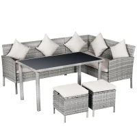 Outsunny 5-tlg. Gartenmöbel Set, Rattan Sitzgruppe mit Fußhocker, Metall, Grau, 142 x 60 x 75 cm(m-12)