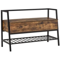 HOMCOM Schuhbank Sitzbank Sitztruhe mit 2 Ablagen Eingangsbereich großer Lagerraum Industriedesign Spanplatte Metall Rustikales Braun+Schwarz 90 x 37 x 60 cm(m-1)