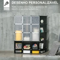 HOMCOM Armário Modular de Plástico Armário Portátil com 16 Cubos e 2 Barras Organizador de Sapatos Roupas Brinquedos para Entrada Corredor Dormitório 145x46x162cm Preto e Branco(m-6)