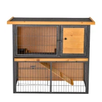 PawHut Gabbia per Conigli con Rampa e Area Aperta, Conigliera in Legno e Metallo su 2 Livelli, Giallo Chiaro, 89.5x45x81cm(m-1)
