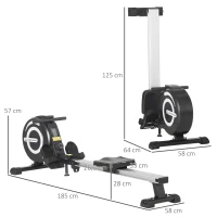 HOMCOM Máquina de Remo Plegable con Resistencia Ajustable Volante de 4kg y Monitor LCD Carga 120kg 185x58x57 cm Negro y Plata(m-3)