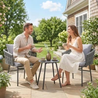 Outsunny 3-teiliges Außenmöbel-Set, 2 Stühle, 1 Tisch, Bistro-Set, Kunst-Rattan, Stahlrahmen, Metalltisch, 4 Kissen, Grau(m-7)