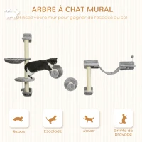 PawHut Arbre à chat parcours mural complet 4 pièces hamac, pompon, plateformes de saut, poteau en sisal et échelle peluche gris(m-4)