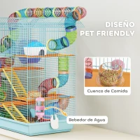 PawHut Jaula para Hámster de Múltiples Niveles con Tubos Plataformas Comedero Bebedero Casita Rueda Escaleras 47x30x59 cm Azul(m-5)