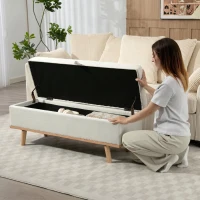 HOMCOM Bancă de Depozitare de 80L Tapițată cu Material Textil și Picioare din Lemn, 118x42x45 cm, Crem(m-8)