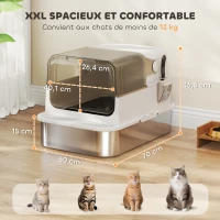 PawHut Bac à litière pour chat fermé en acier inoxydable, maison de toilette pour chat avec pelle, 70 x 50 x 46,5 cm, blanc(m-3)