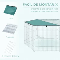 PawHut Parque para Animais de Estimação com 6 Painéis 59x60cm Dobrável Cerca para Animais de Estimação com Porta com Trava e Toldo Superior para Jardim Pátio Exterior Prata(m-5)