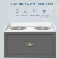 PawHut Boluri pentru Câini Înălțate din Oțel Inoxidabil și Lemn cu Sertar, 60x30x36cm, Gri(m-6)